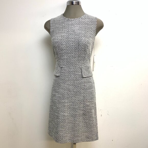 New! Calvin Klein Sleeveless Crew Neck Tweed Flap Pocket Sheath Dress - Picture 2 of 6